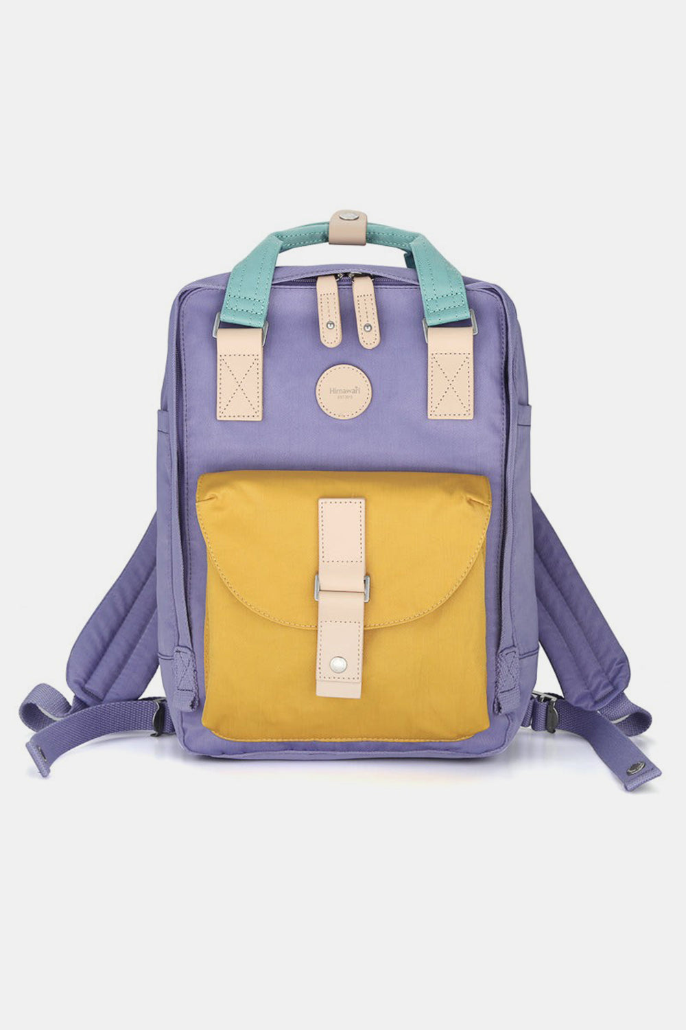 Himawari waterproof canvas backpack in purple and yellow with comfy straps and a round label, ideal for school or travel.
