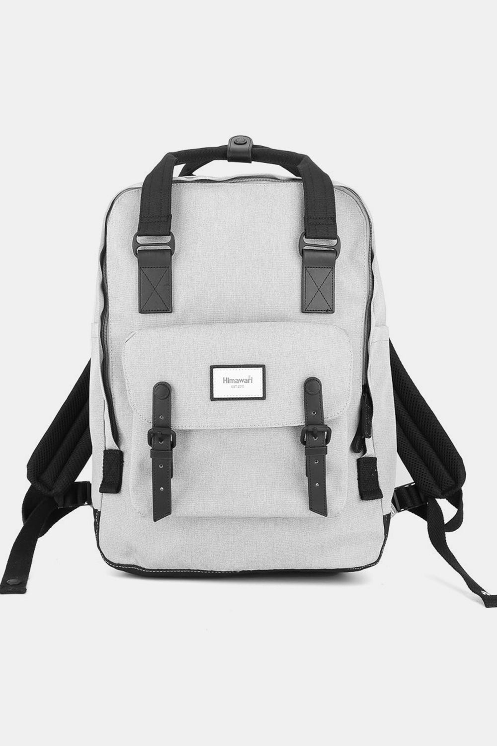 Himawari canvas backpack in light gray with black straps and a front pocket, offering a stylish and waterproof design.
