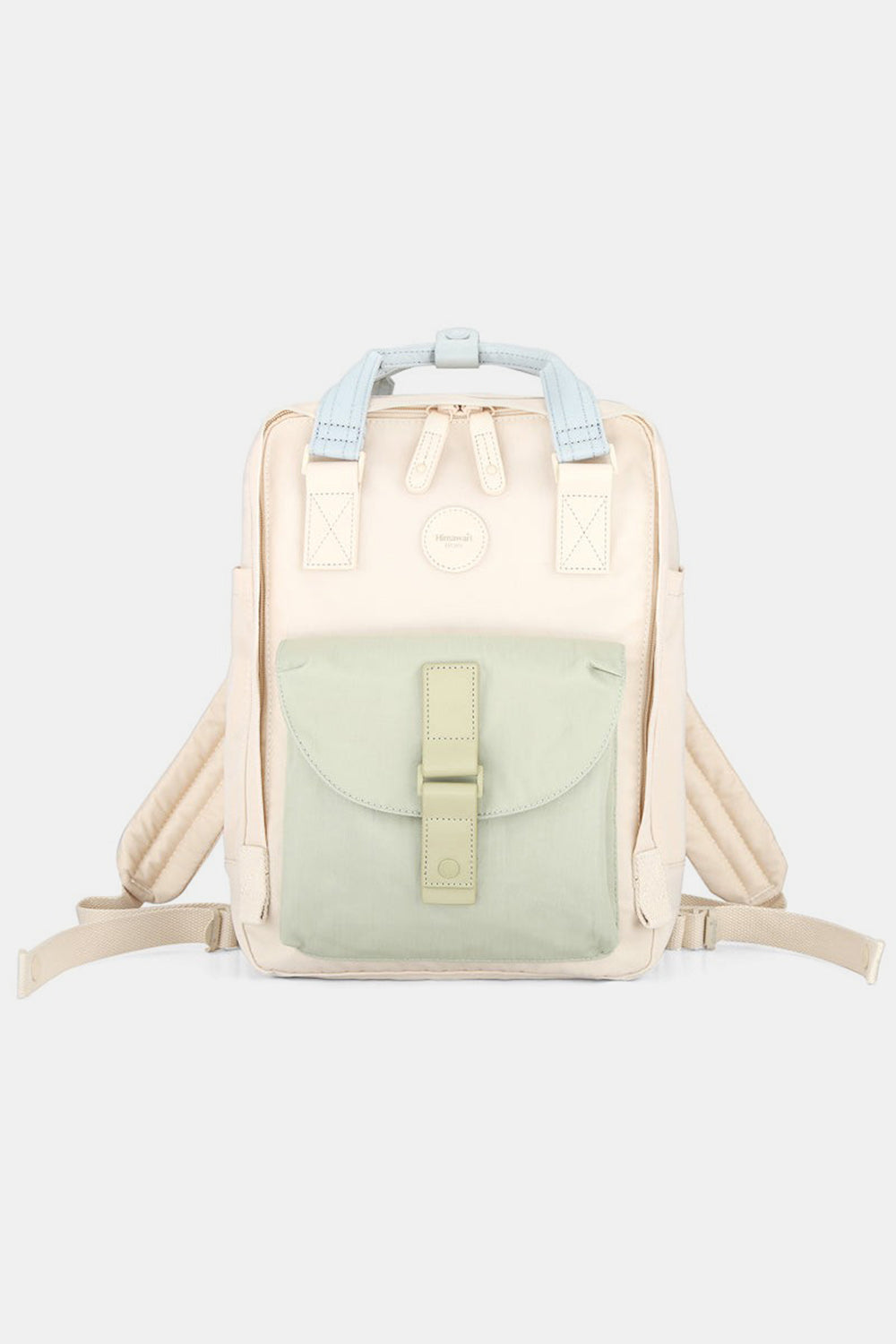 Himawari waterproof canvas backpack in cream and mint green with padded straps and a spacious interior, perfect for daily use.