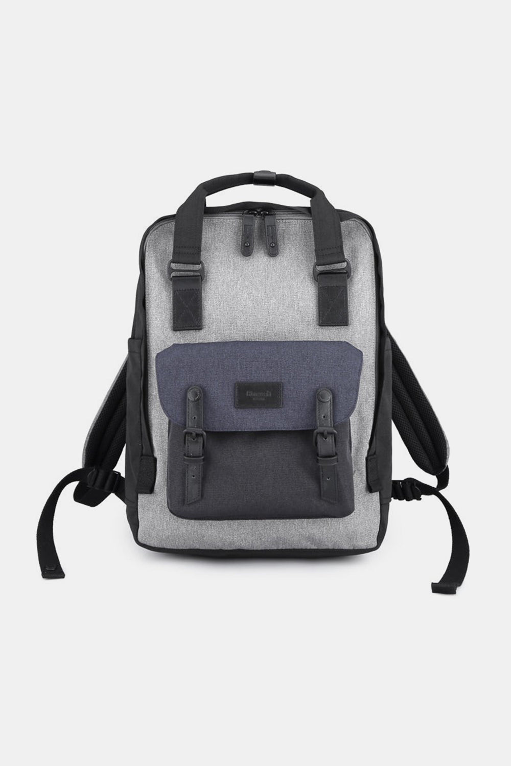 Himawari canvas backpack in gray with a navy front pocket, featuring durable straps and a waterproof, versatile design.
