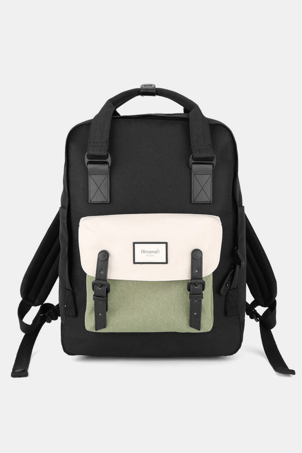 Himawari canvas backpack in black with cream and green front pocket, featuring durable straps and a waterproof design.