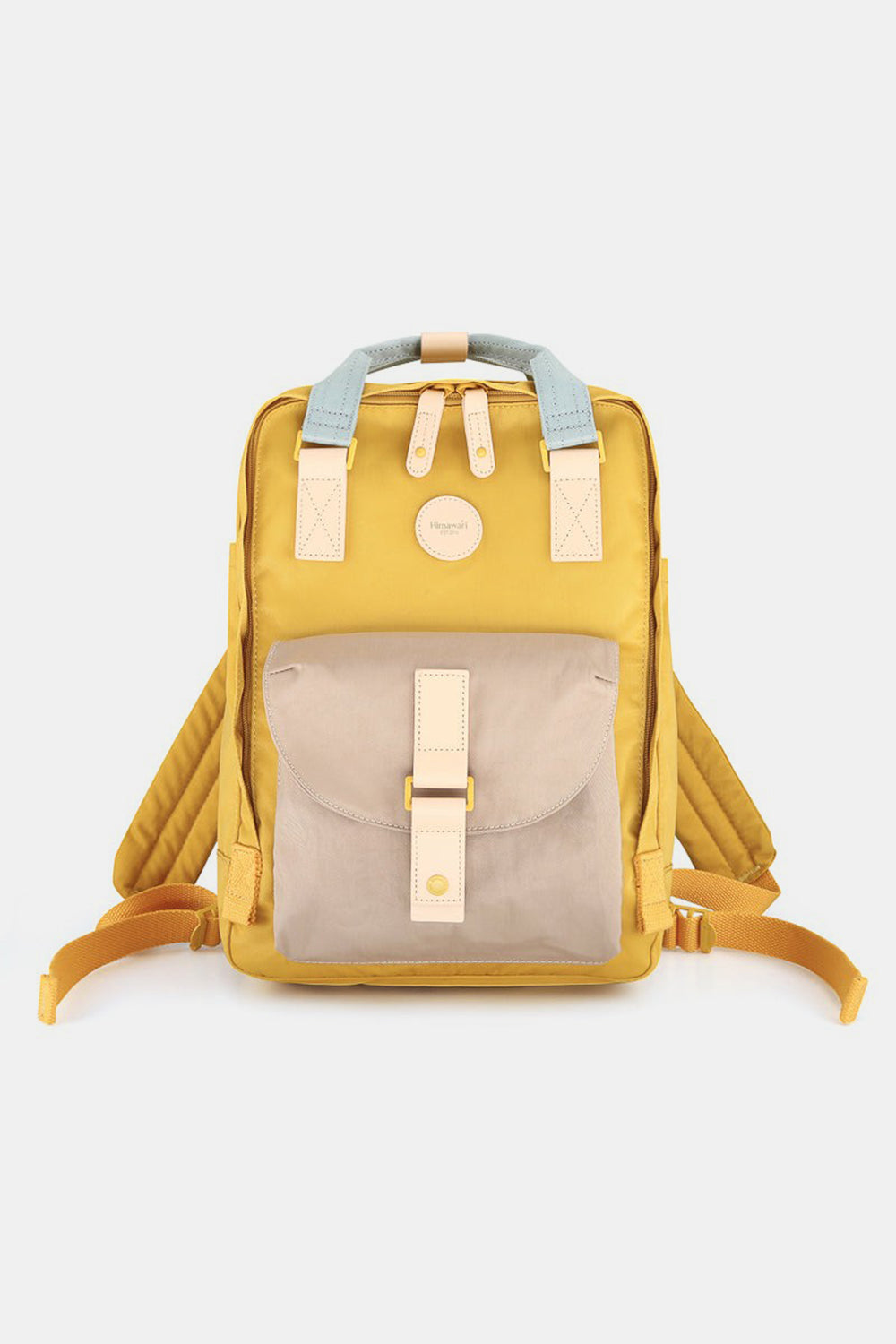 Himawari waterproof canvas backpack in mustard yellow and gray with a large front pocket and adjustable straps for comfort.