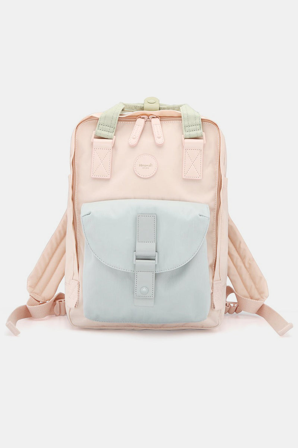 Himawari waterproof canvas backpack in pastel pink and light blue with a soft aesthetic and functional compartments for organization.