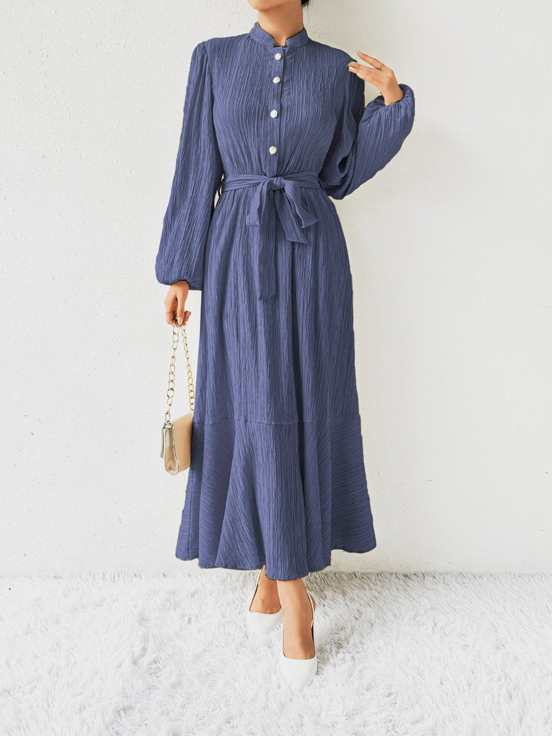 Honey Tie Waist Long Sleeve Dress in a flowy blue fabric with button front and belted waist. Versatile fashion available in sizes S-XL.